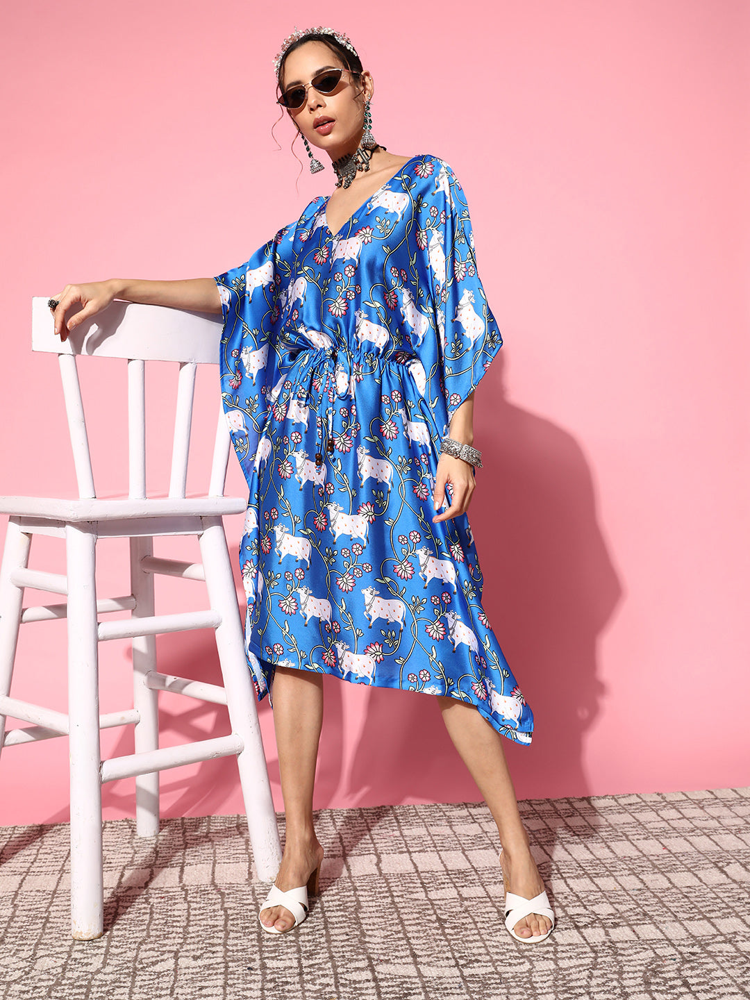 InWeave Women's Ink Blue Indian Bull Print Kaftan - Distacart