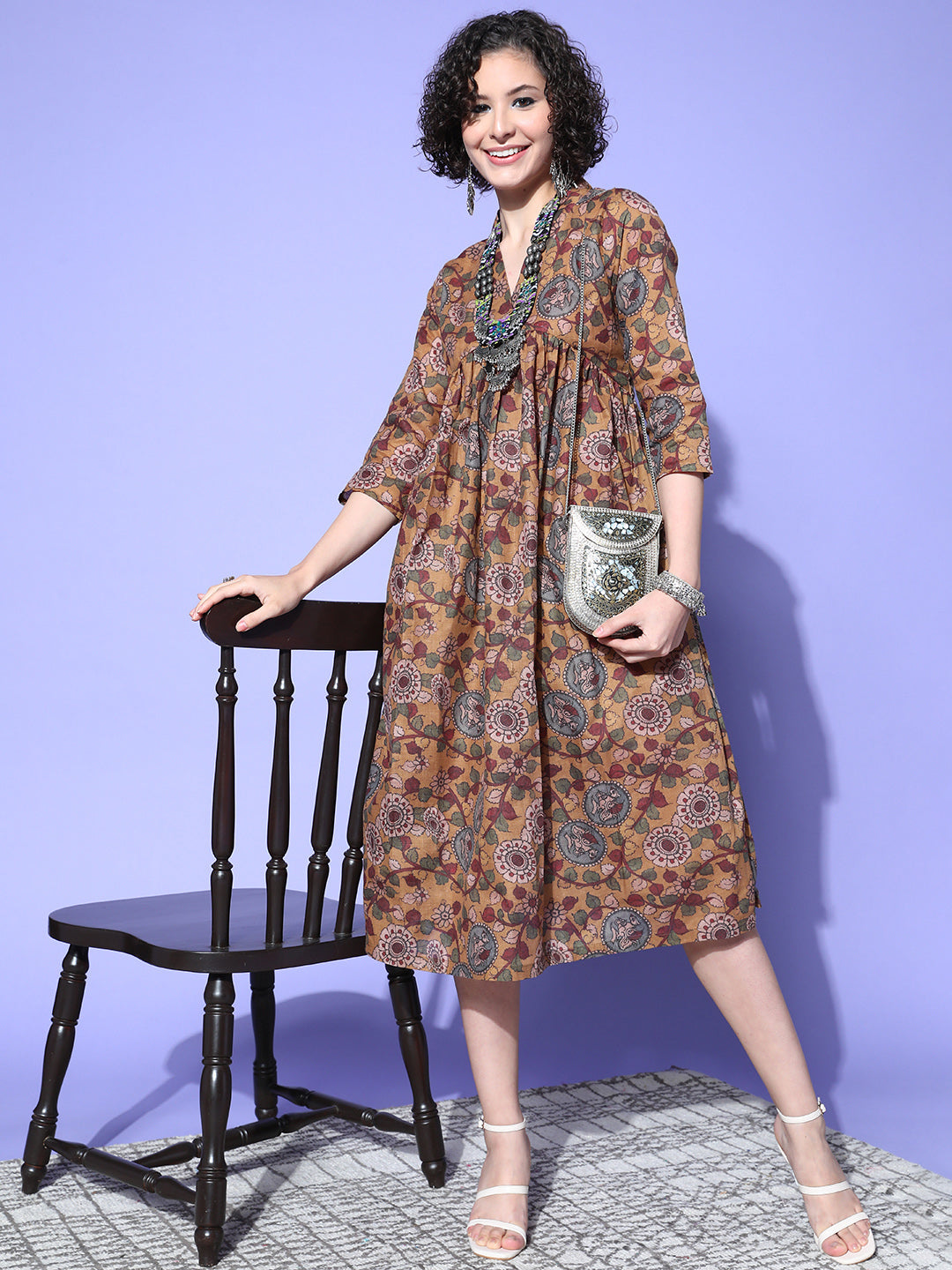 InWeave Women's Ochre Mustard Kalamkari Print Dress - Distacart