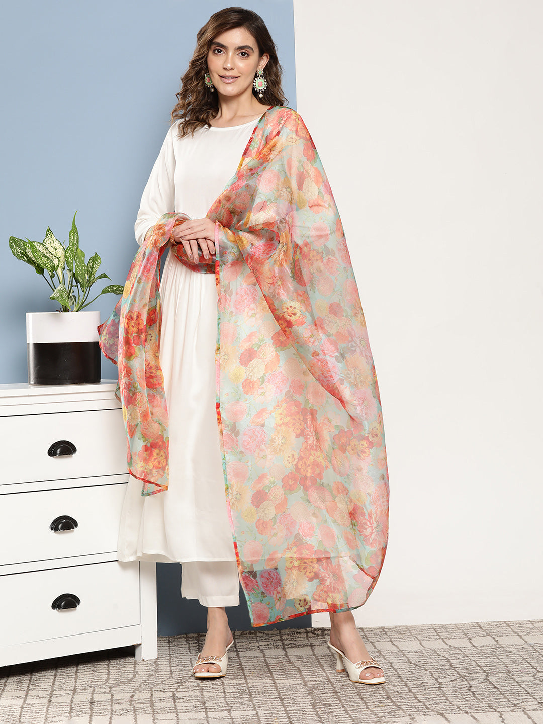 InWeave Women's Cream Anarkali Set With Green Organza Dupatta - Distacart