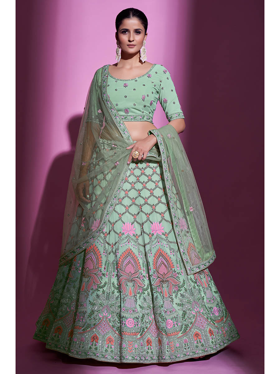 Myra Pista Green Georgette Embroidered Designer Lehenga Choli - Distacart