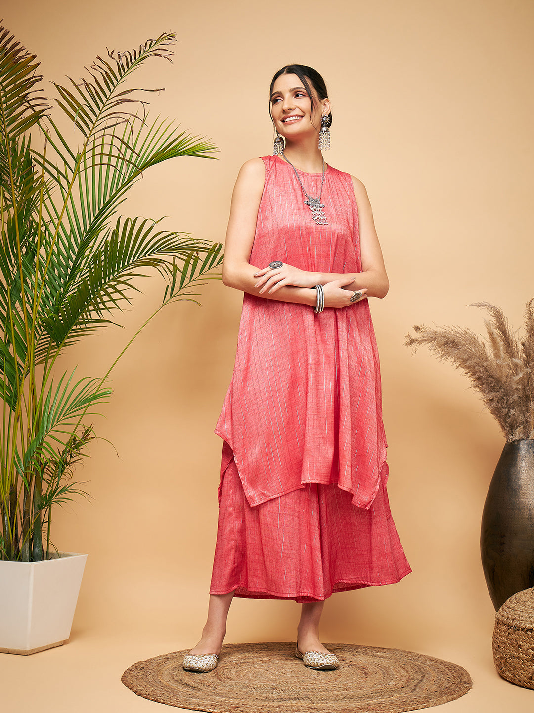 InWeave Women's Red Lurex Short Pallazo Kurta Set - Distacart