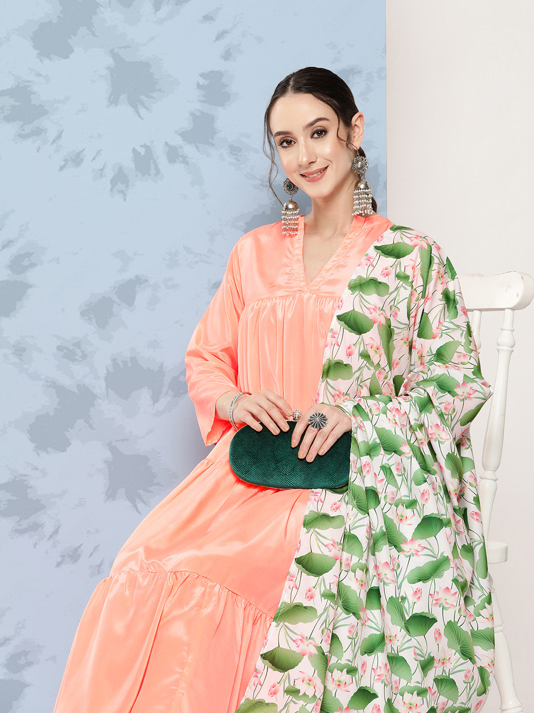 InWeave Women's Peach Tiered Kurta Set With White Pink Lotus Cr Dupatta - Distacart