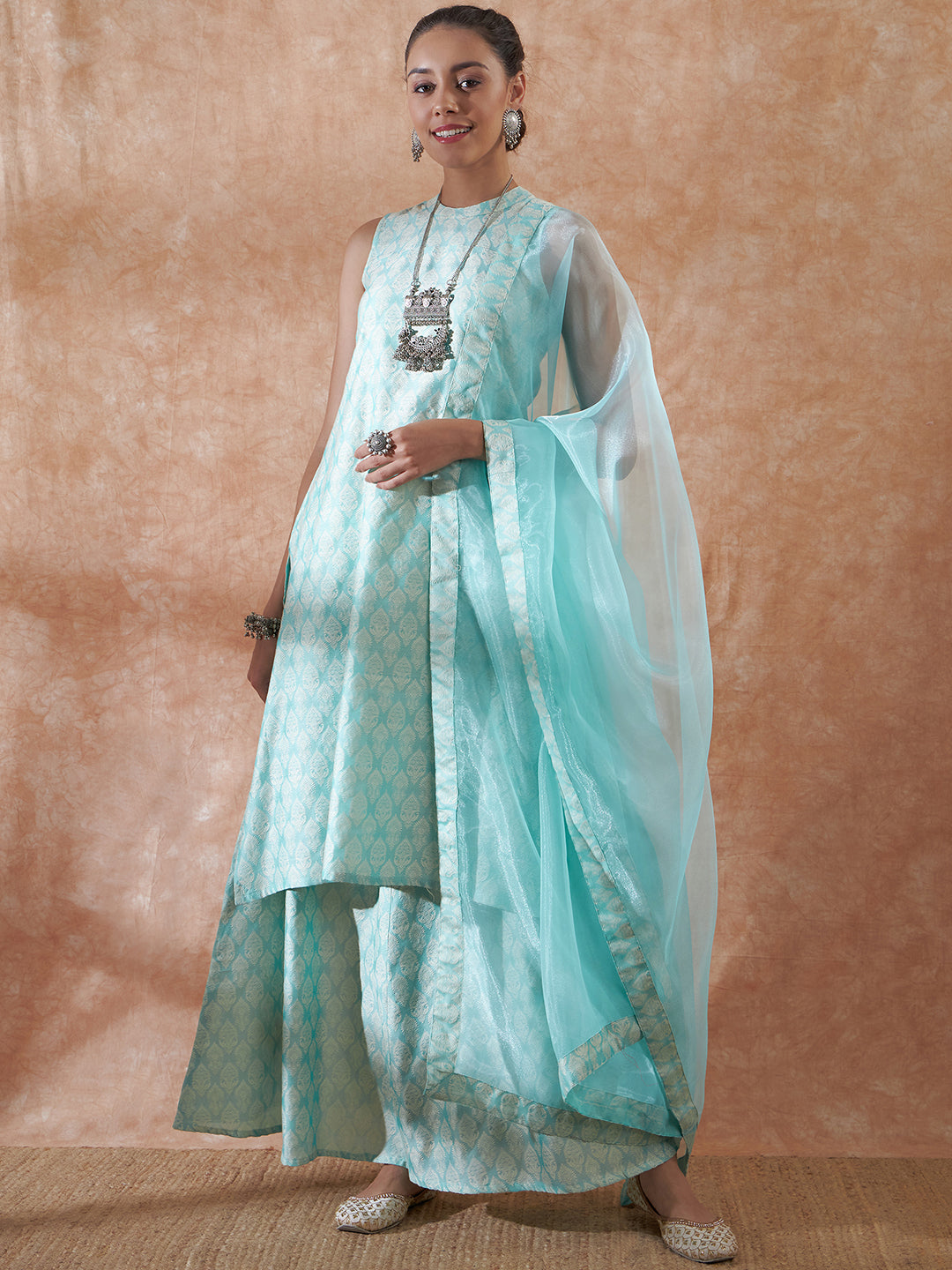 InWeave Women's Powder Blue Jacquard Halter Kurta Set W Powder Blue Or Dupatta - Distacart