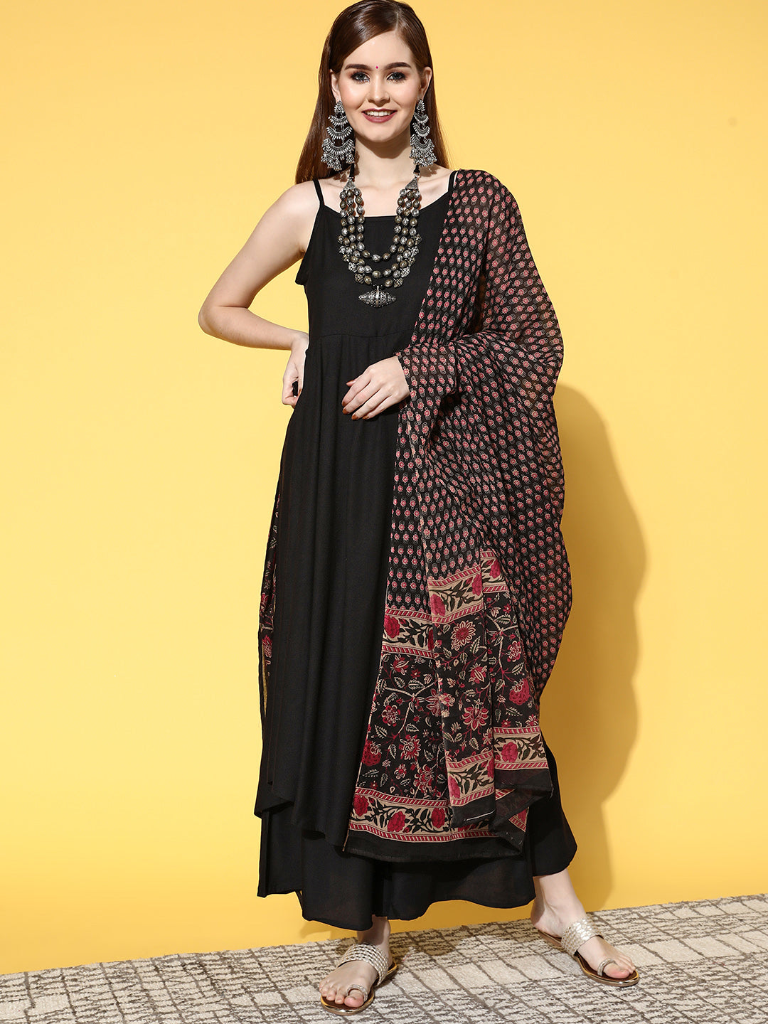 InWeave Women's Strappy Set With Black Pink Ethnic Print Cotton Dupatta - Distacart