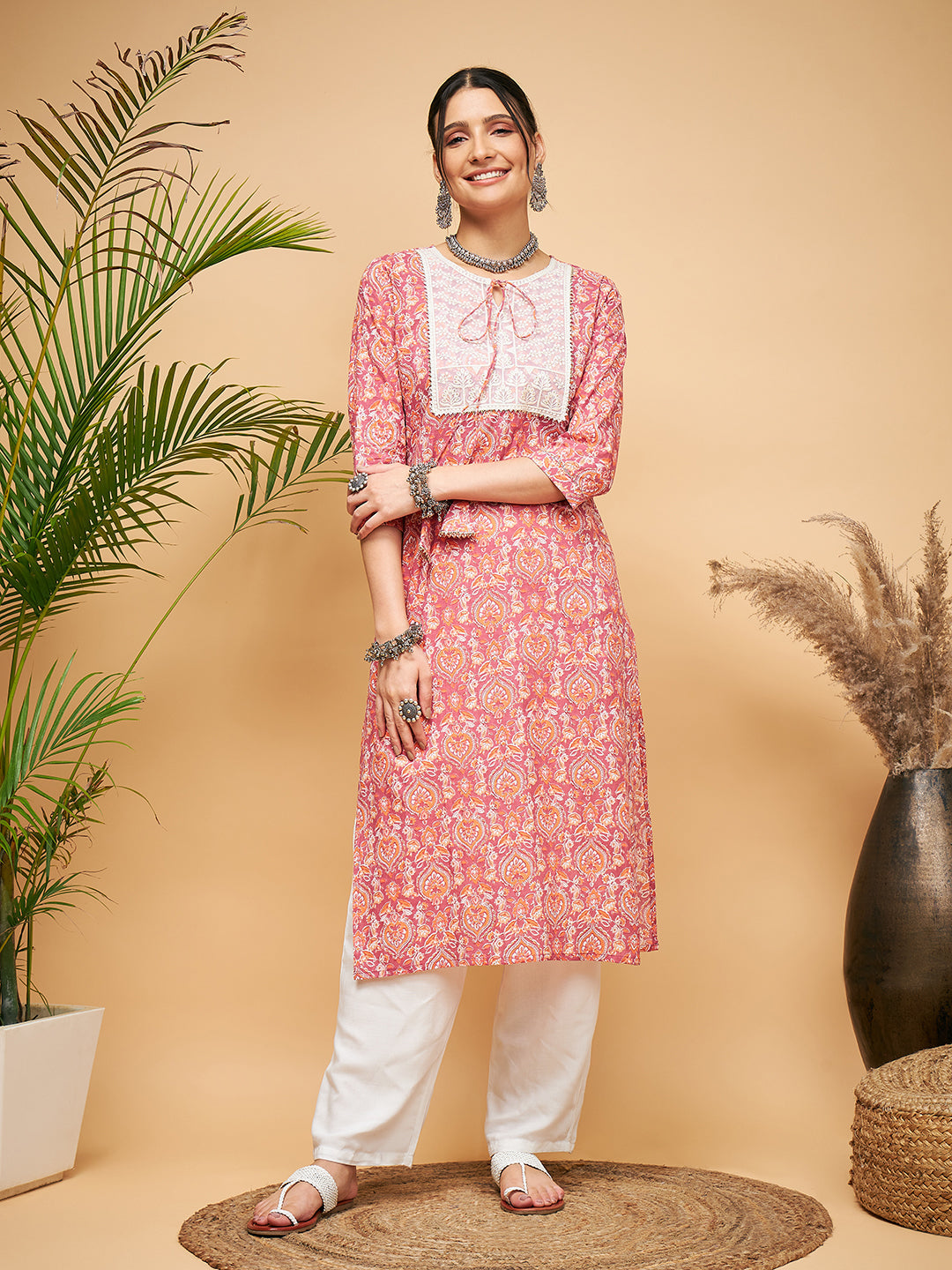 InWeave Women's Dusty Pink Paisley Patch Straight Kurta Pant Set - Distacart