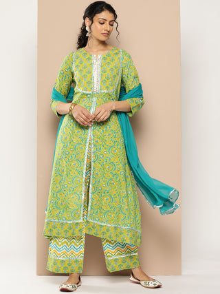 KSUT (House of Varanga) Green Floral Printed A-Line Kurta Paired With Printed Palazzo And Chiffon Dupatta - Distacart