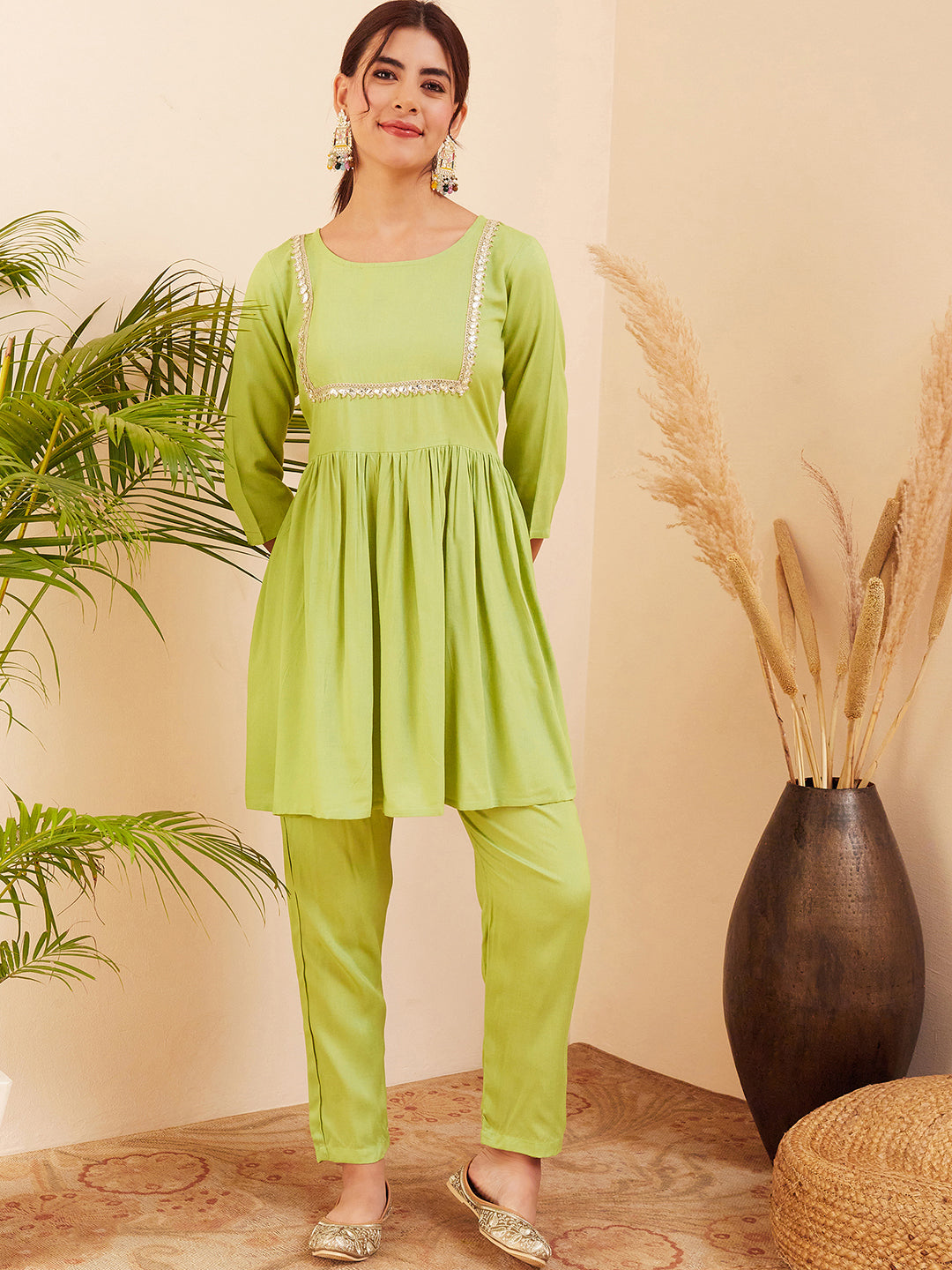 InWeave Women's Pear Green Round Neck Square Gota Work Kurta Pant Set - Distacart
