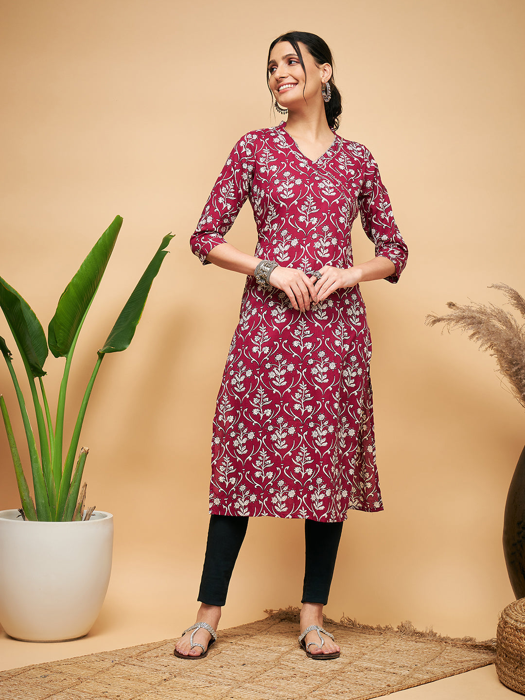InWeave Women's Wine Floral Print Straight Angrakha Gota Kurta - Distacart