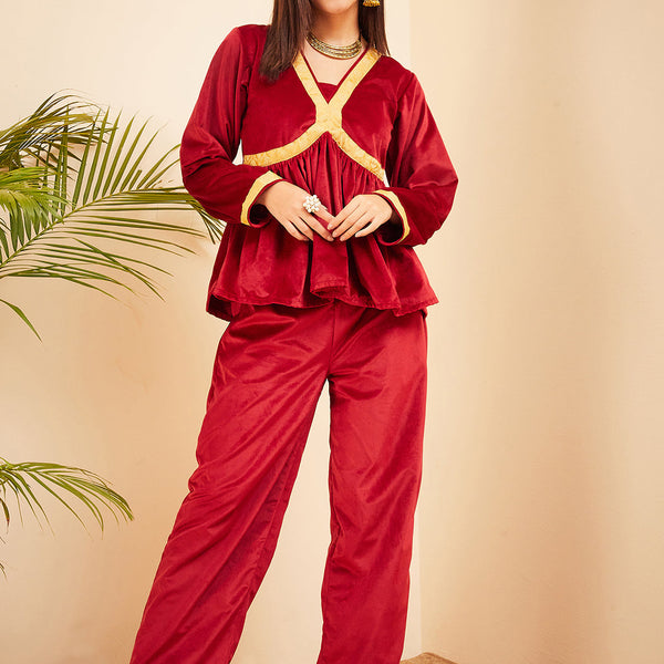 InWeave Women's Barn Red Mughal Shaan Style Velvet Short Kurta Set - Distacart