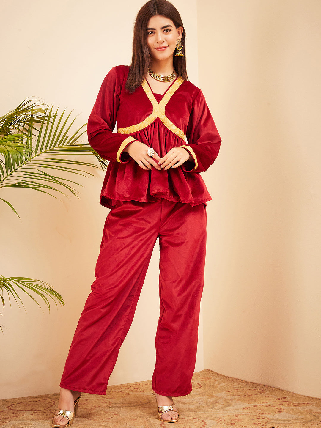 InWeave Women's Barn Red Mughal Shaan Style Velvet Short Kurta Set - Distacart