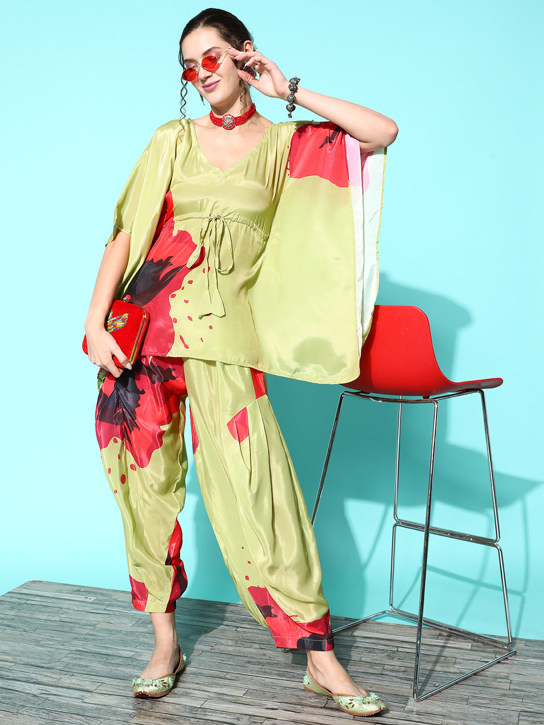 InWeave Women's Lime Green Red Big Motif Print Kurta Set - Distacart