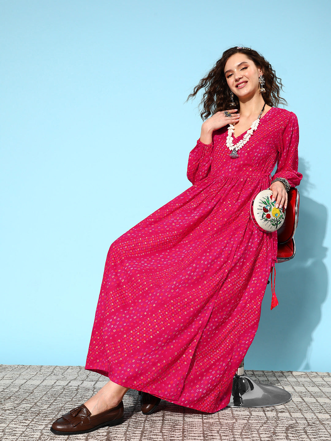 InWeave Women's Maroon Ethnic Print Wrapped Long Dress - Distacart