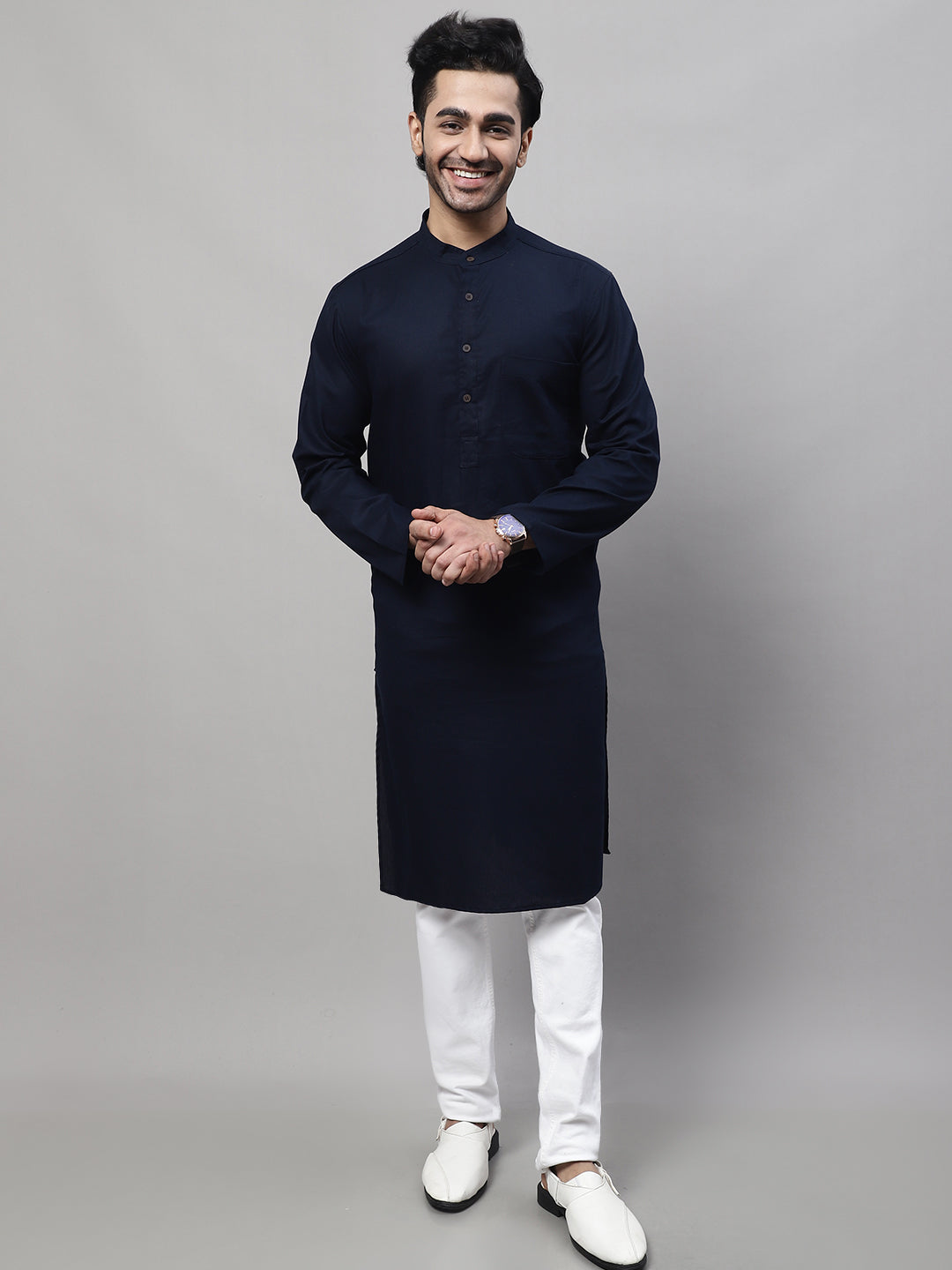 Even Apparels Blue Pure Cotton Kurta With Band Collar - Distacart