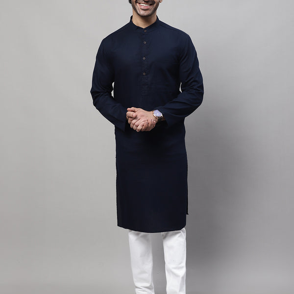 Even Apparels Blue Pure Cotton Kurta With Band Collar - Distacart