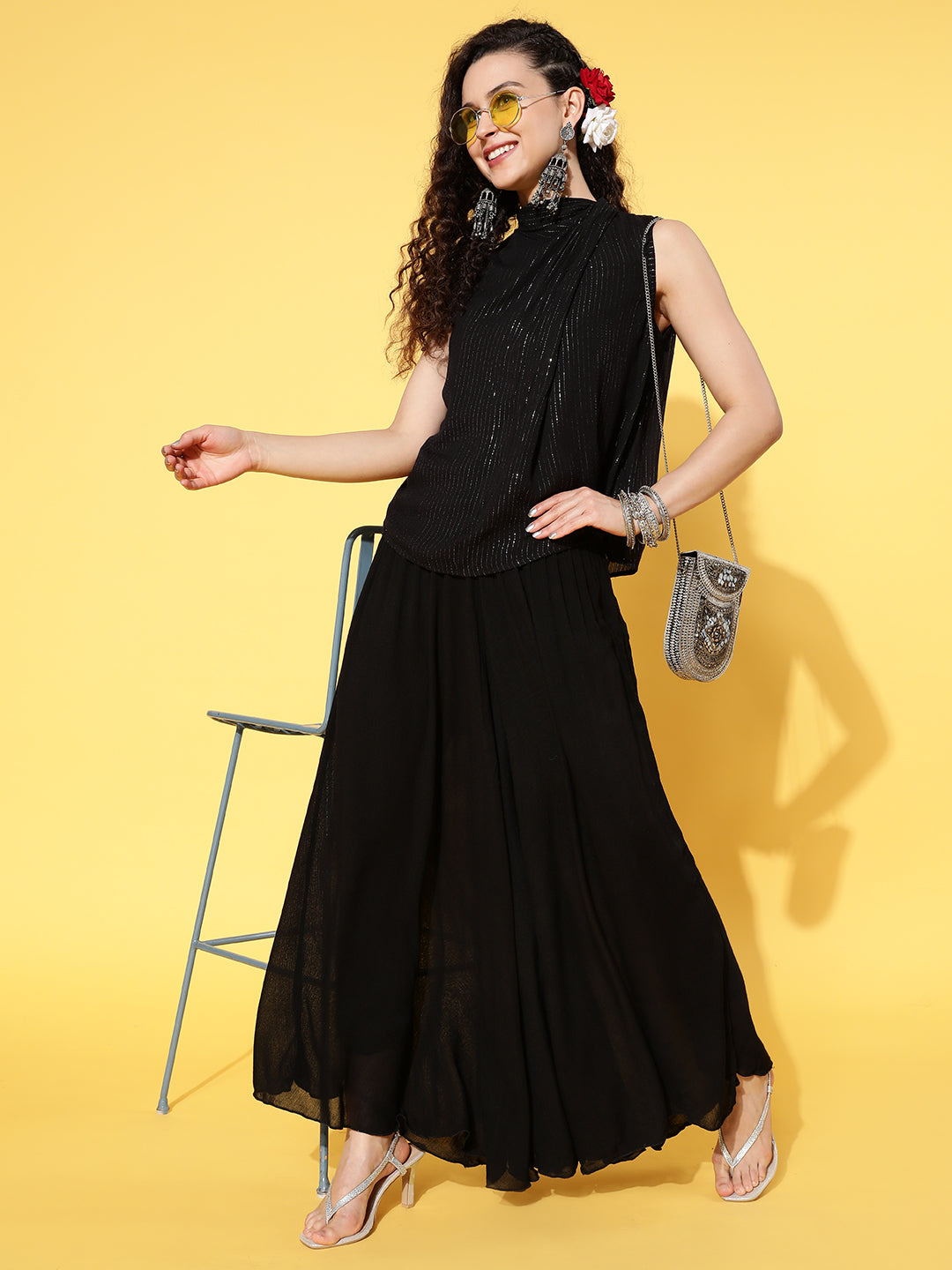 InWeave Women's Black Lurex Top With Flared Pallazo - Distacart