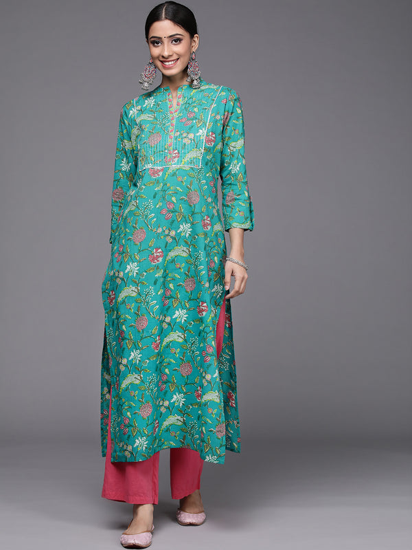 Varanga Women Turq Printed Cotton Kurta With Silver Gotta Lace Detailings - Distacart