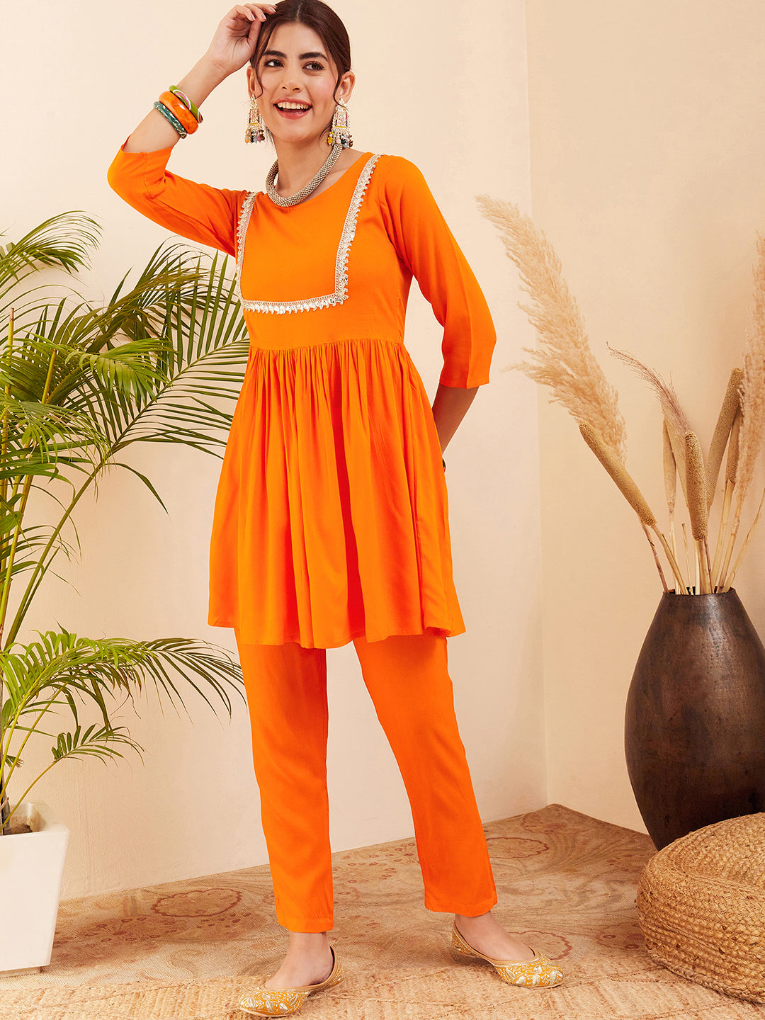 InWeave Women's Orange Round Neck Square Gota Work Kurta Pant Set - Distacart