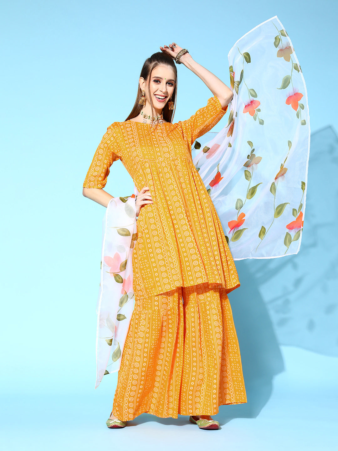 InWeave Women's Yellow Bandhani Sharara Set With Dupatta - Distacart