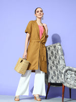Thumbnail for InWeave Women's Camel Brown Cream Pant Coord Set With Peach Crop Top - Distacart