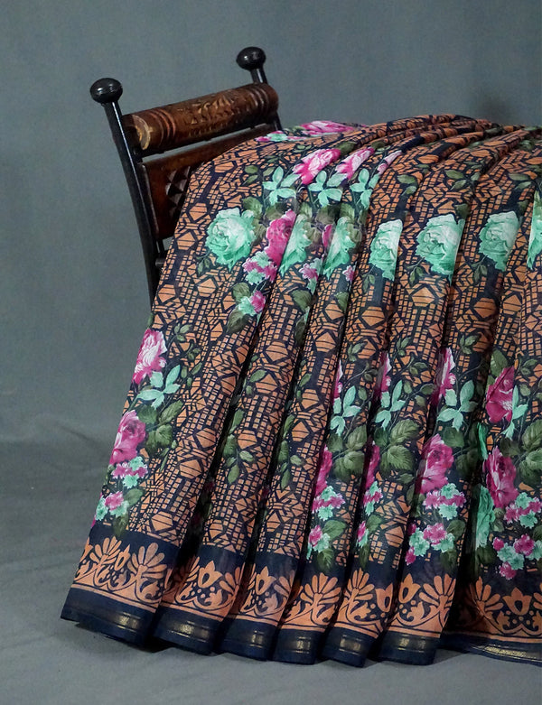 Shades of Navy Blue Colour Floral Design Semi Chanderi Saree By Gayathri Reddy Designer Studio - Distacart