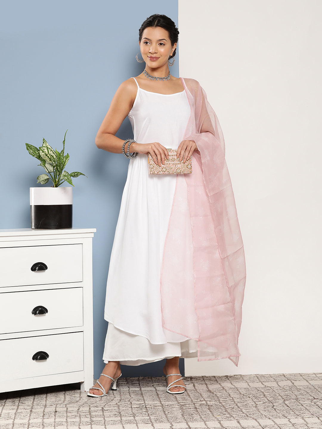 InWeave Women's Cream Strappy With Pink White Chintz Organza Dupatta - Distacart