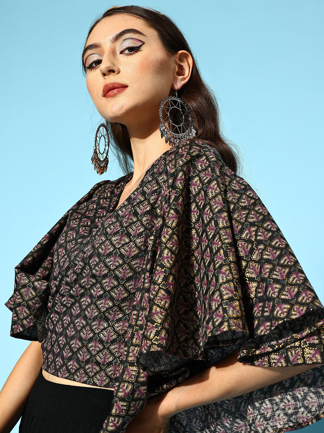 InWeave Women's Black Foil Print Bell Sleeves Top - Distacart