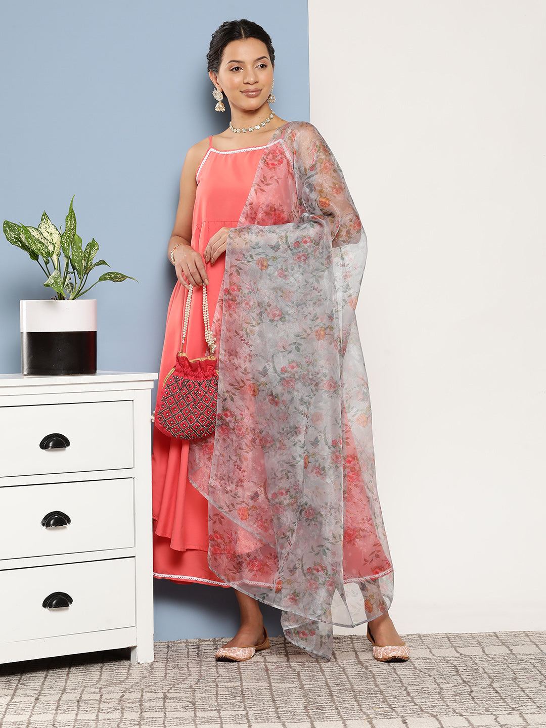 InWeave Women's Peach Cr Strappy Set With White Organza Dupatta - Distacart