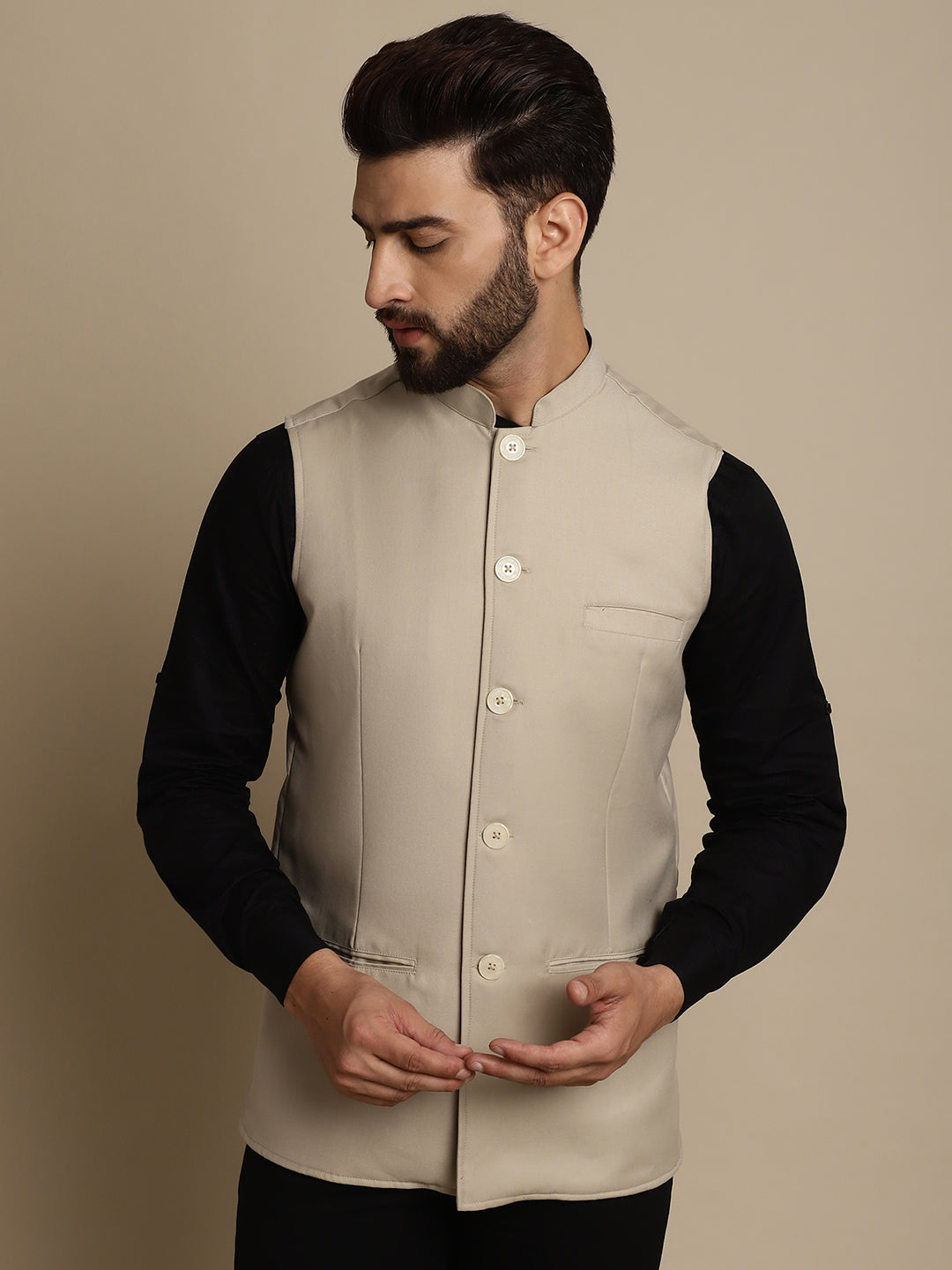 Even Apparels Men's Cream Mandarin Collar Waistcoat - Distacart