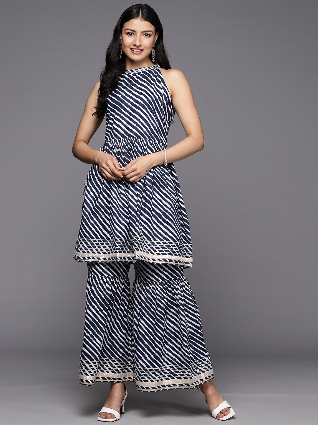 KSUT (House of Varanga) Blue And White Leheriya Halter Neckline Gota Work Kurta With Sharara - Distacart