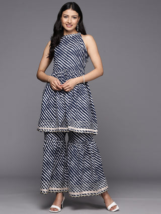 KSUT (House of Varanga) Blue And White Leheriya Halter Neckline Gota Work Kurta With Sharara - Distacart