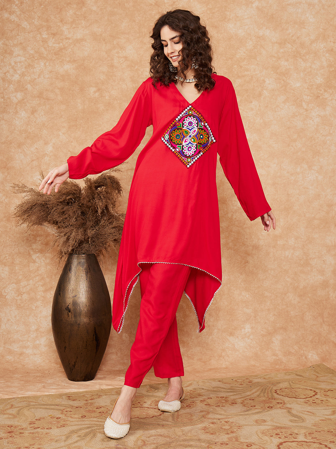 InWeave Women's Red Square Maroon Patch Work Assymentrical Kurta Set - Distacart