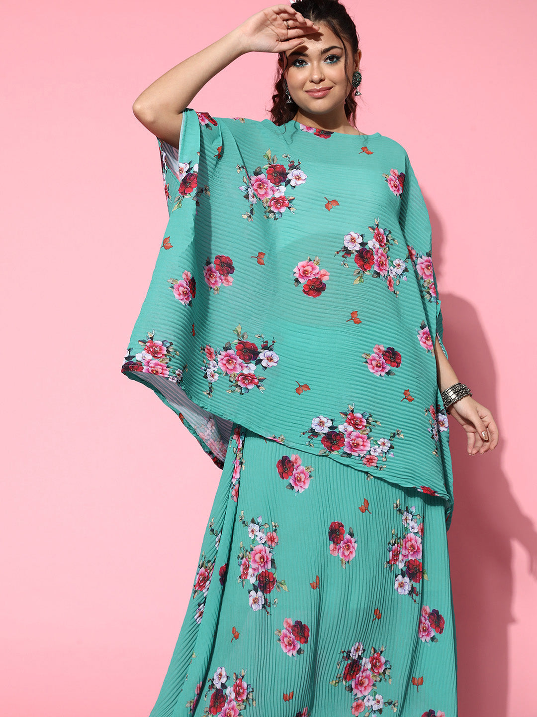 InWeave Women's Blue Floral Print Pleated Kaftan Top - Distacart