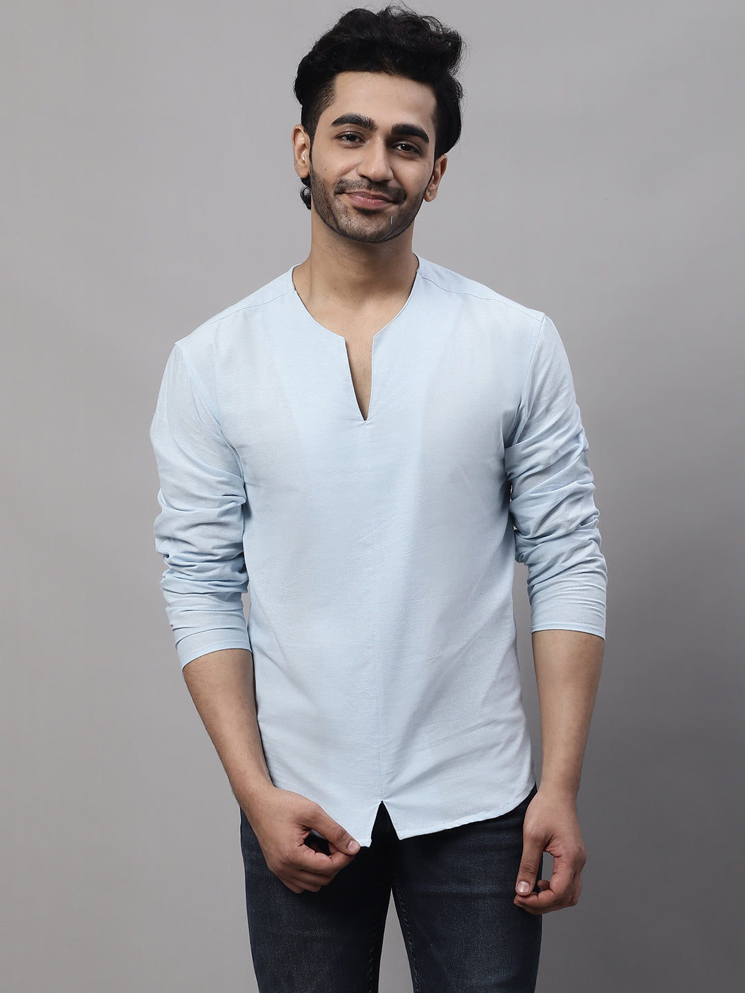 Even Apparels Blue Pure Cotton Open Neck Kurta - Distacart