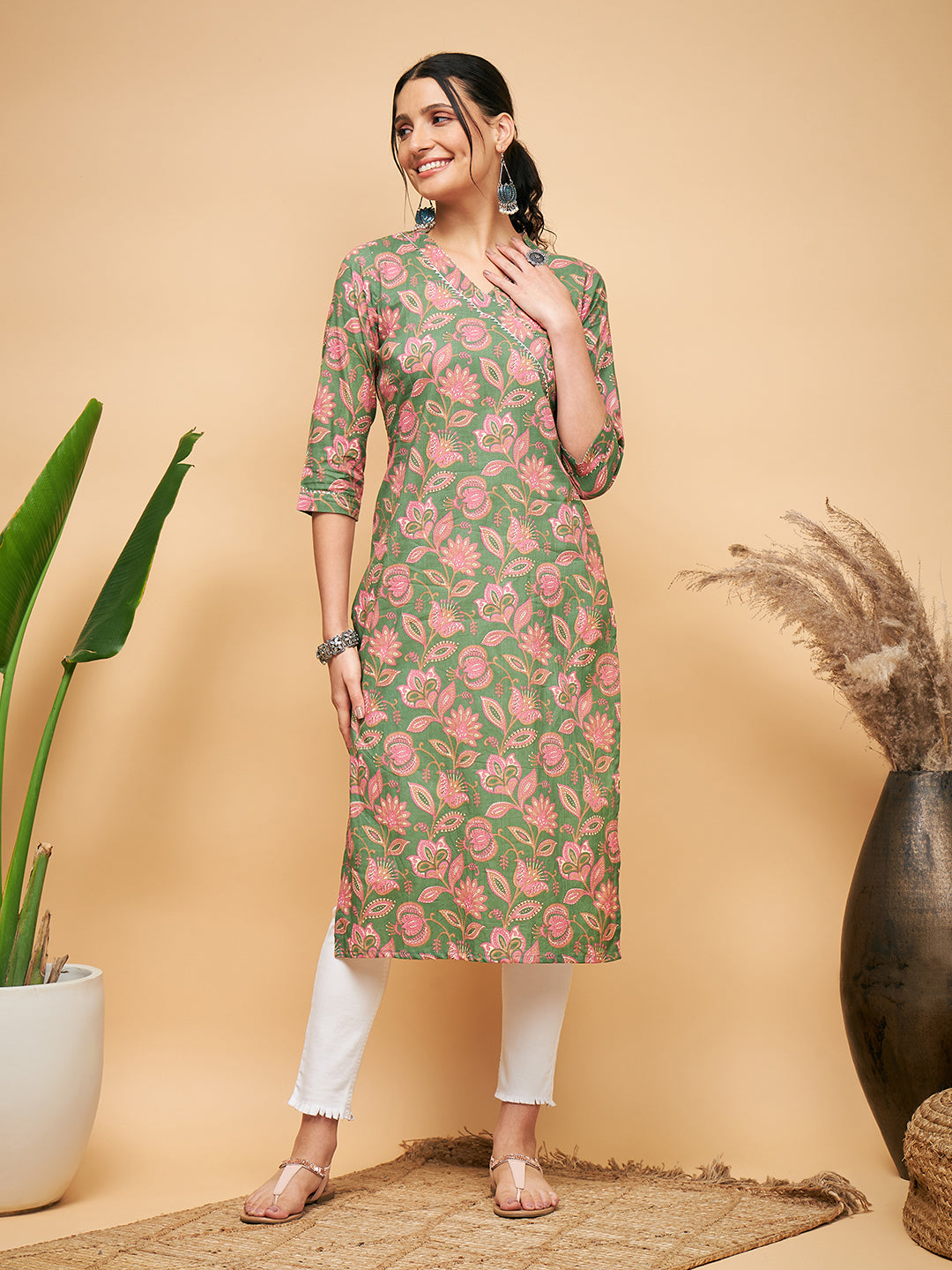 InWeave Women's Green Pink Floral Angrakha Straight Kurta - Distacart