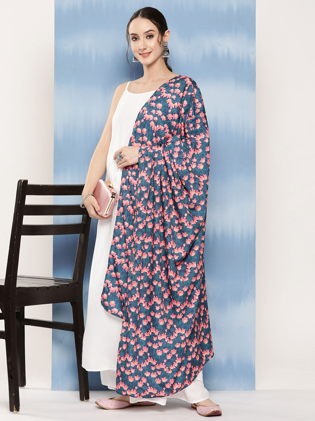 InWeave Women's White Strappy Set With Navy Pink Lotus Cr Dupatta - Distacart