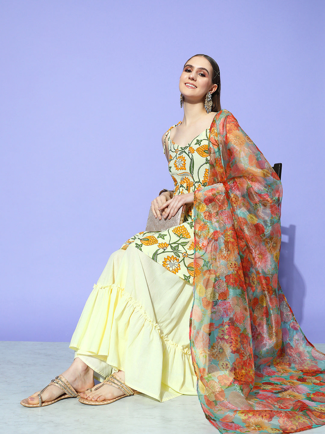 InWeave Women's Off White Yellow Floral Print Tie Up Kurta Sharara Set With Dupatta - Distacart