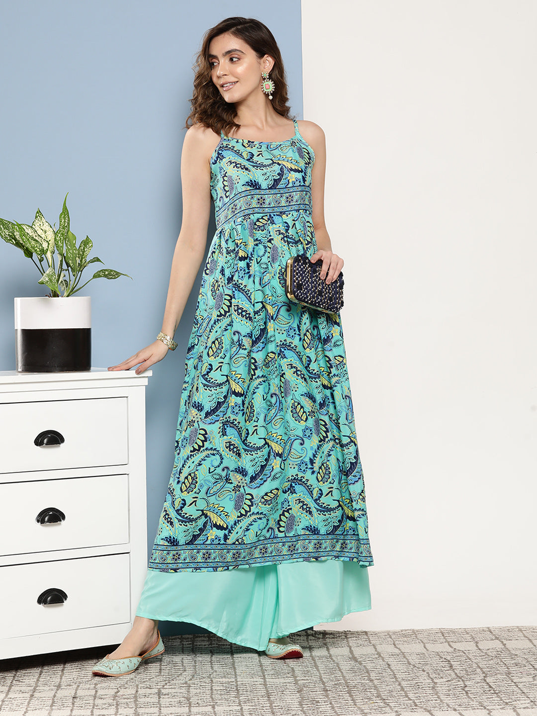 InWeave Women's Camelia Blue Pastel Print Strappy Kurta Set - Distacart