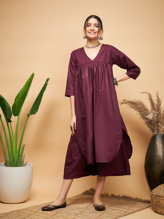 InWeave Women's Wine Solid Flared Kurta Palazzo Set - Distacart