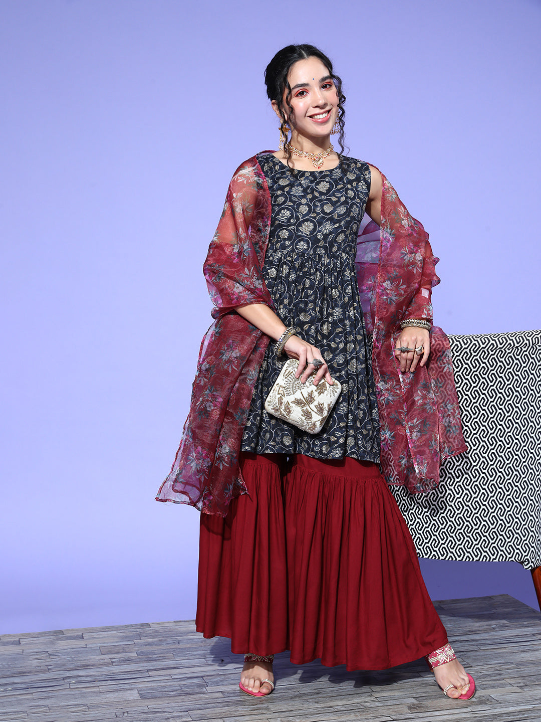 InWeave Women's Blue Printed Kurta Sharara Set With Burgundy Organza Dupatta - Distacart