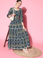 Thumbnail for InWeave Women's Blue Ikkat Print Tiered Dress With Lace - Distacart