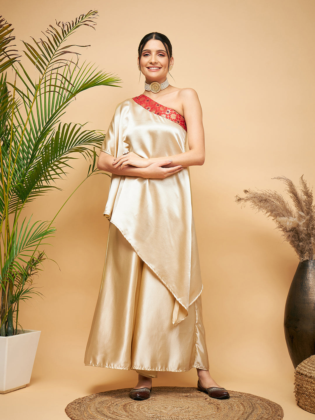 InWeave Women's Beige Red Brocade Oneshoulder Top Satin W Palazzo Set - Distacart