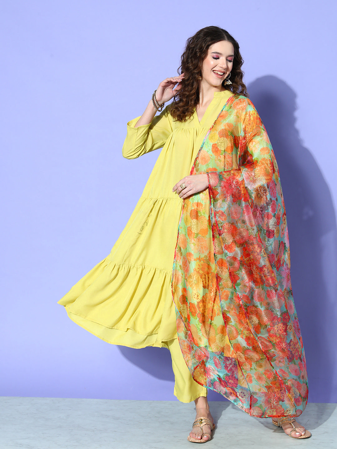 InWeave Women's Lime Green Flared Kurta Set With Green Organza Dupatta - Distacart