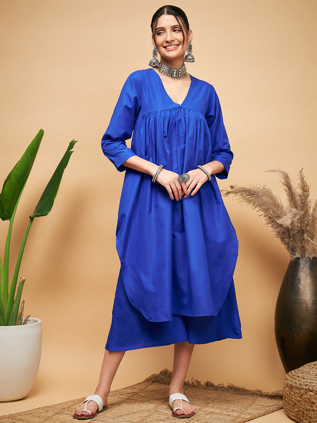 InWeave Women's Ink Blue Flared Kurta Palazzo Set - Distacart