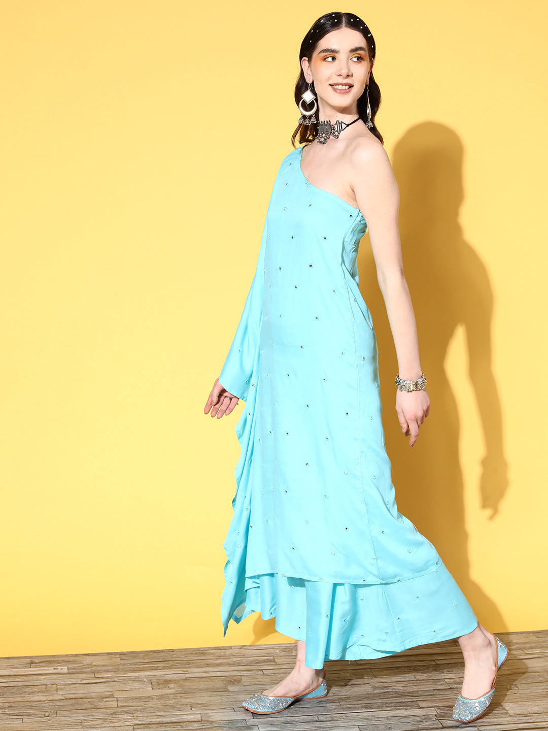 InWeave Women's Sky Blue Mirror Work One Shoulder Kurta Set - Distacart