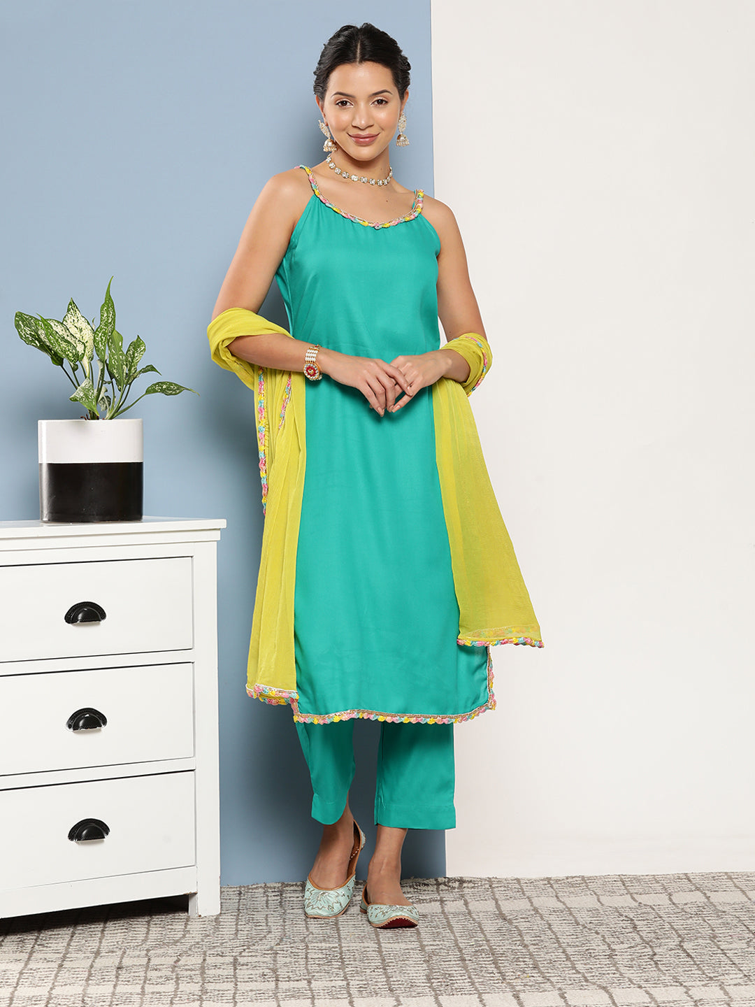 InWeave Women's Teal Lace Work Straight Strappy Kurta Set With Lime Green Chiffon Dupatta - Distacart