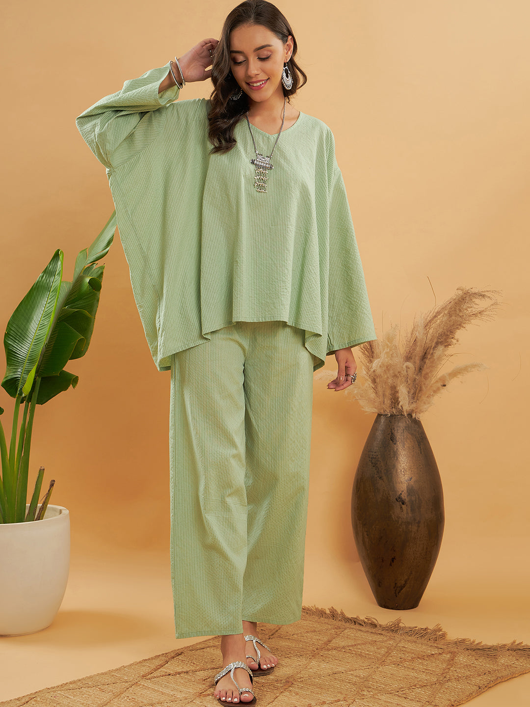 InWeave Women's Sage Green Kantha Boho Full Sleeve Coord Set - Distacart