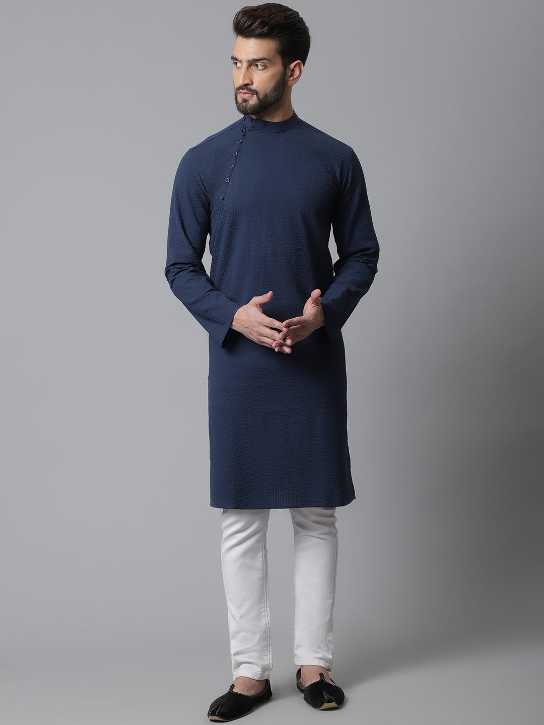 Even Apparels Blue Solid Kurta With Band Collar - Distacart