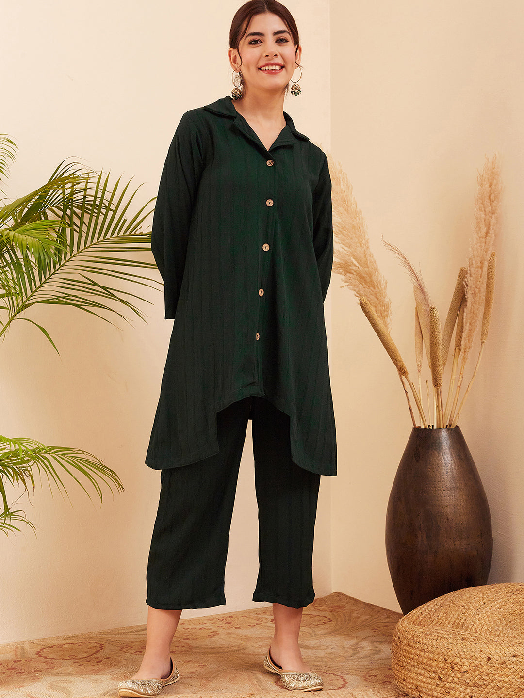 InWeave Women's Forest Green Collared Front Button Blazer Kurta Pant Set - Distacart