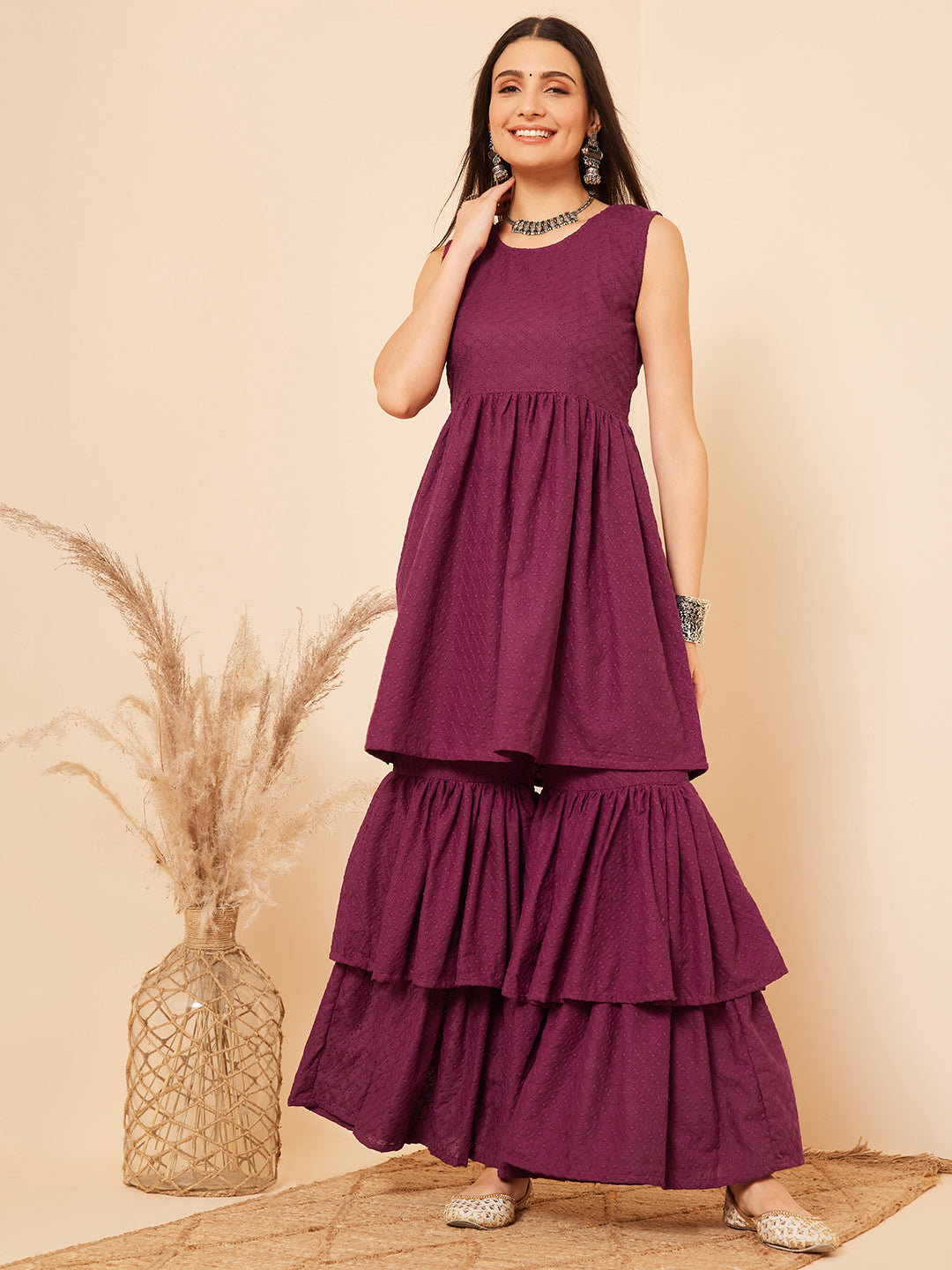 InWeave Women's Purple Lace Work Double Layer Sharara Set - Distacart