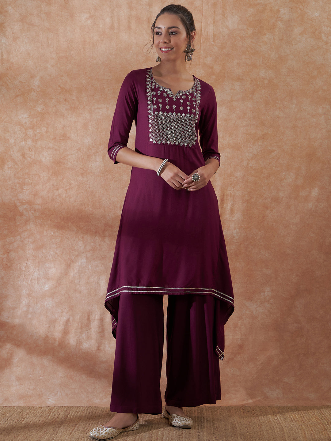InWeave Women's Burgundy Emb Assymetrical Kurta Pant Set - Distacart